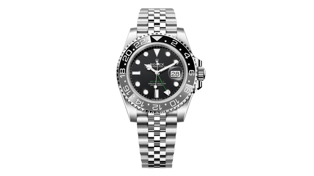 The new Rolex GMT-Master II with a black and gray bezel is powered by the caliber 3285 movement, which has a power reserve of approximately 70 hours. Priced at $10,900, it is available with an Oyster or a Jubilee bracelet, as seen here. (©Rolex) Rolex GMT-Master II